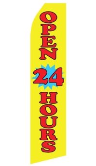 Yellow Open 24 Hours Econo Stock Flag With Hardware - 16 Ft. econostock, feather, blade, swooper